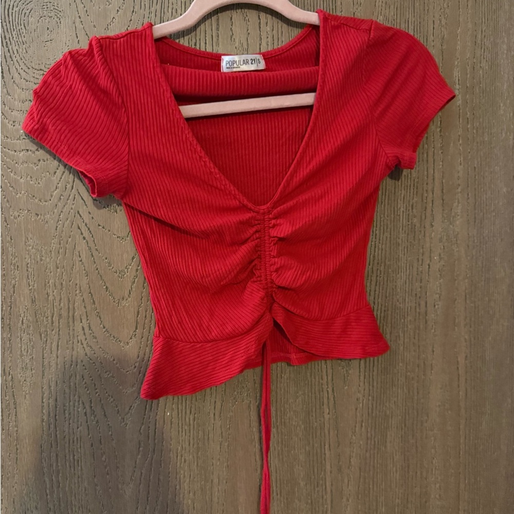 Adika Red Ribbed Ruched Crop Top